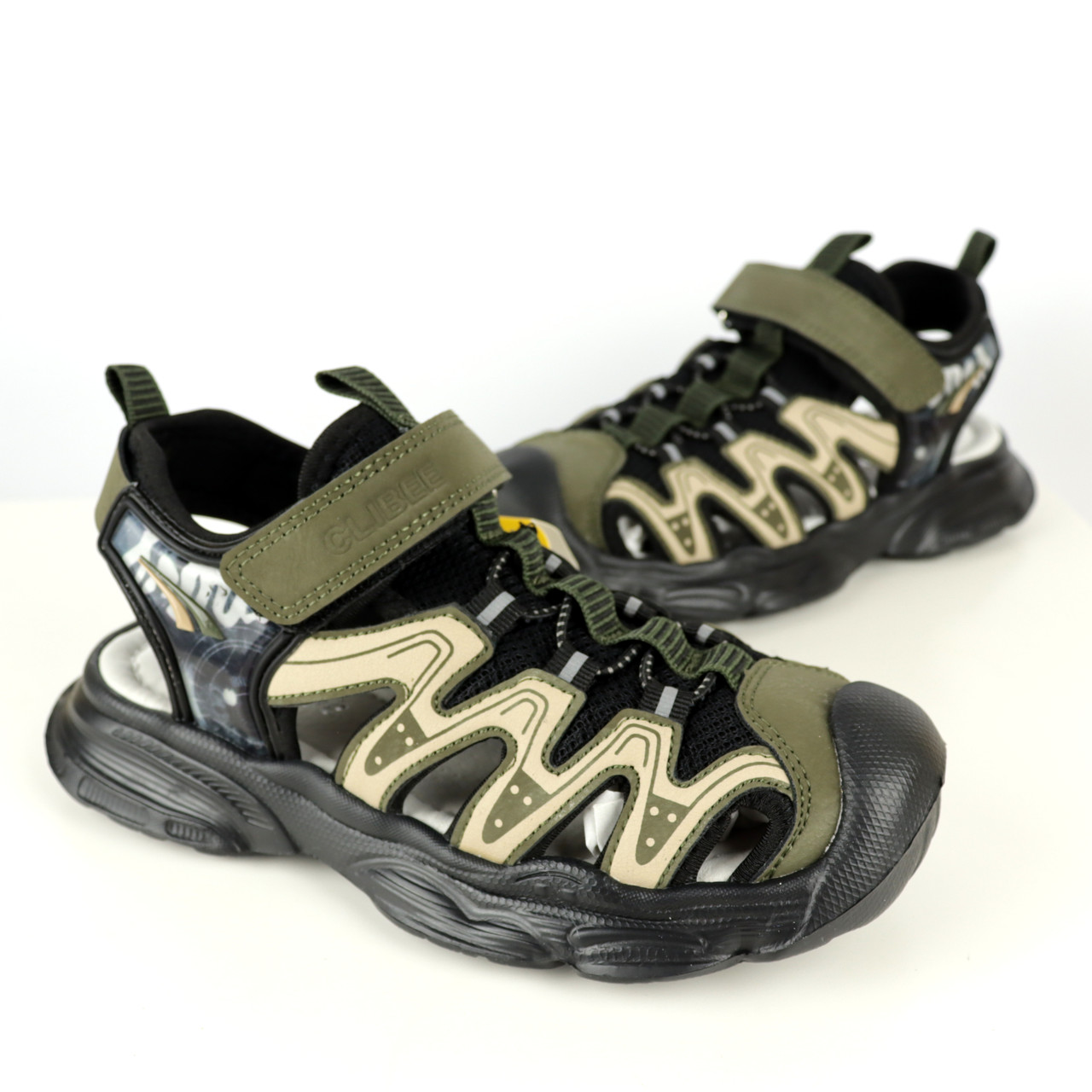 Дитячі сандалі спортивні босоніжки для хлопчика закритий шкарпетки хакі Clibee