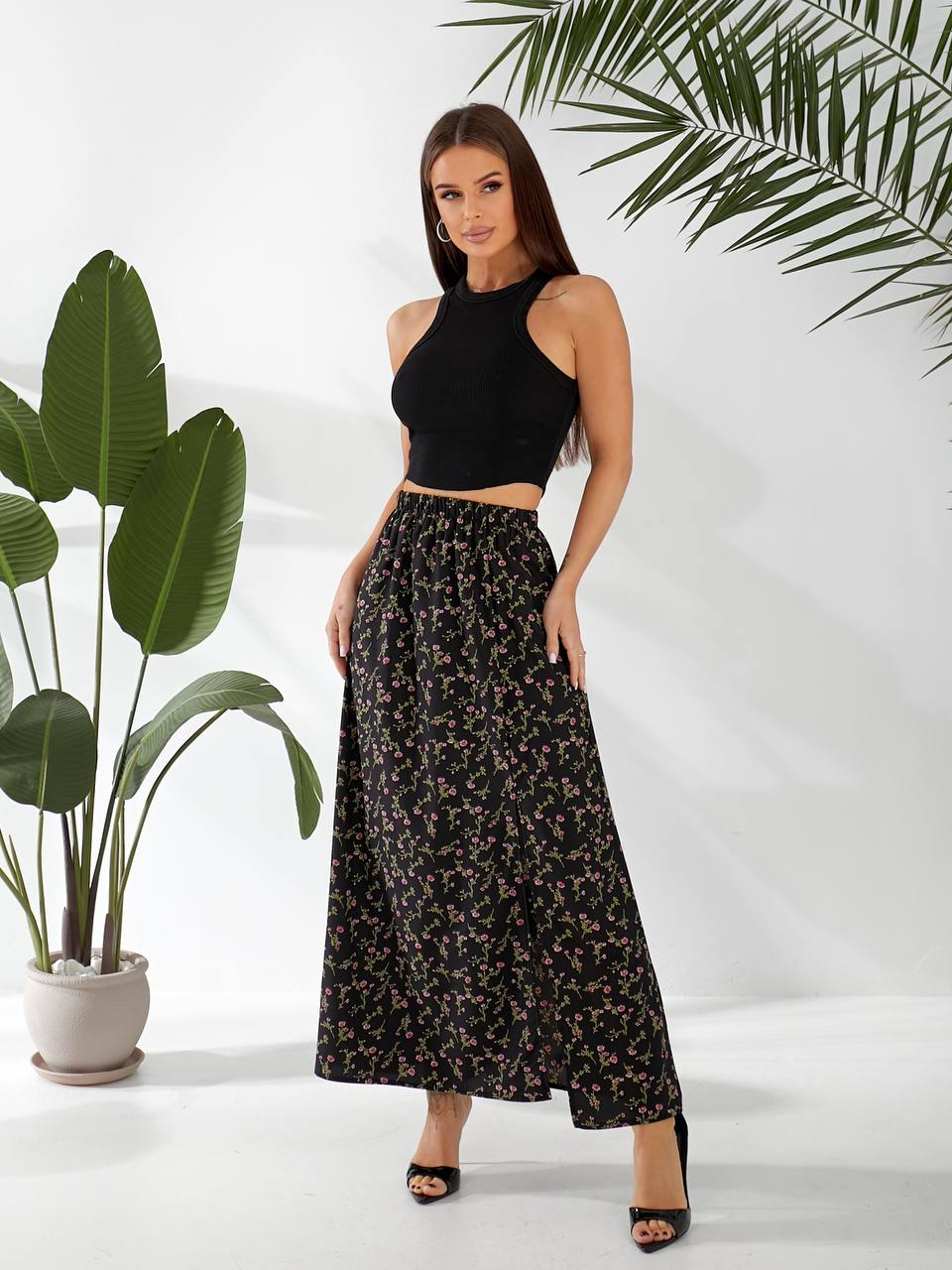 Жіноча лiтня спідниця з розрiзом, софт з візерунком (р-ри: 48-54) 11-1 (в уп. один колір) вир-во Україна., фото 1