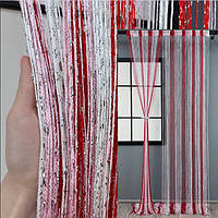 Штори нитки дощ кисея 300х280см. Люкс якість. Штори нитки з люрексом прямі - Червоний з рожевим і білим.