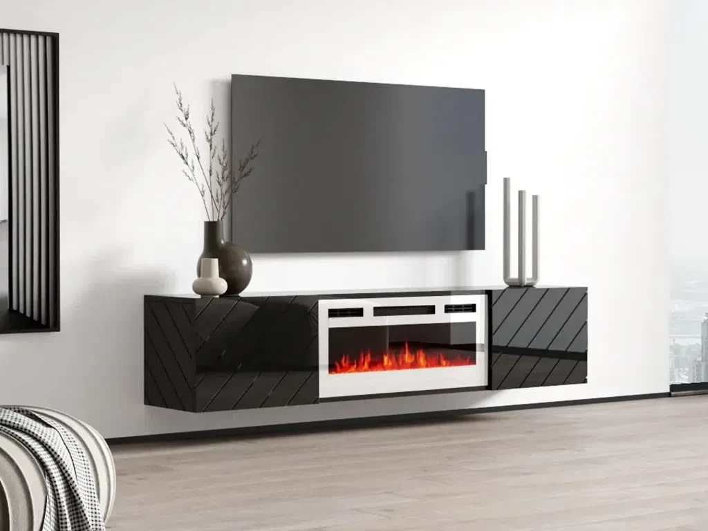 ТБ тумба з електрокаміном Luxe EF (чорний глянець/білий), фото 1