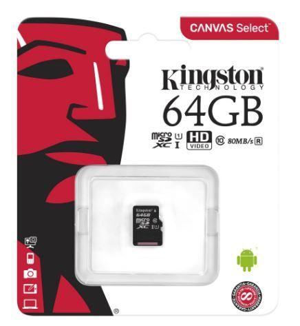 Картка пам'яті KINGSTON 64 GB microSDXC C10 A1 Canvas Select Plus 100R UHS-I, U1, V10 w/o adapter