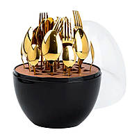Набір столових приладів на 6 персон із нержавіючої сталі 24 штуки золотих з підставкою Яйце Чорний HP78810