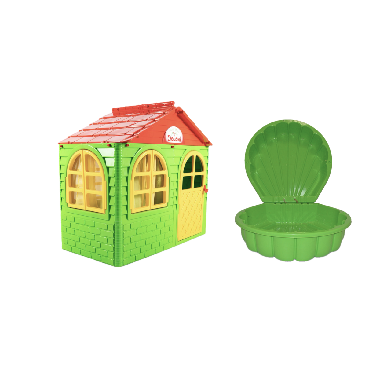 НАБІР Маленький дитячий ігровий пластиковий будиночок зі шторками і пісочниця-мушля ТМ Doloni, фото 1