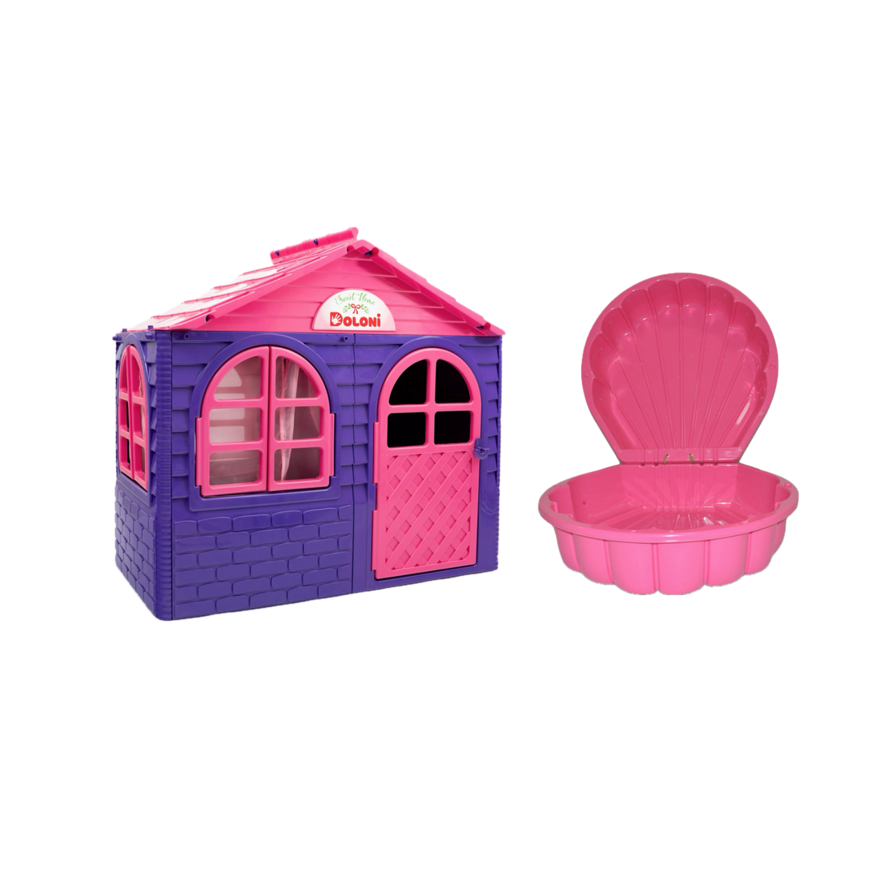 НАБІР Маленький дитячий ігровий пластиковий будиночок зі шторками і пісочниця-мушля ТМ Doloni, фото 1