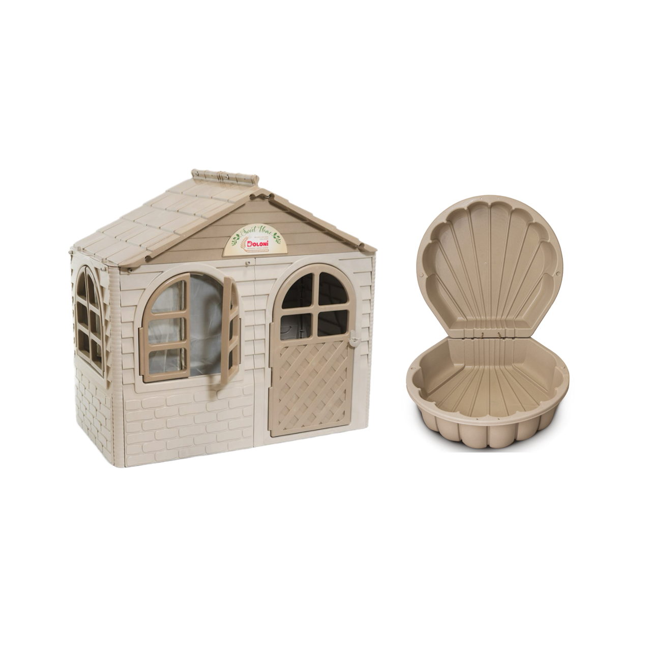 ЕКО НОВИНКА Маленький дитячий ігровий пластиковий будиночок зі шторками і пісочниця-мушля ТМ Doloni, фото 1