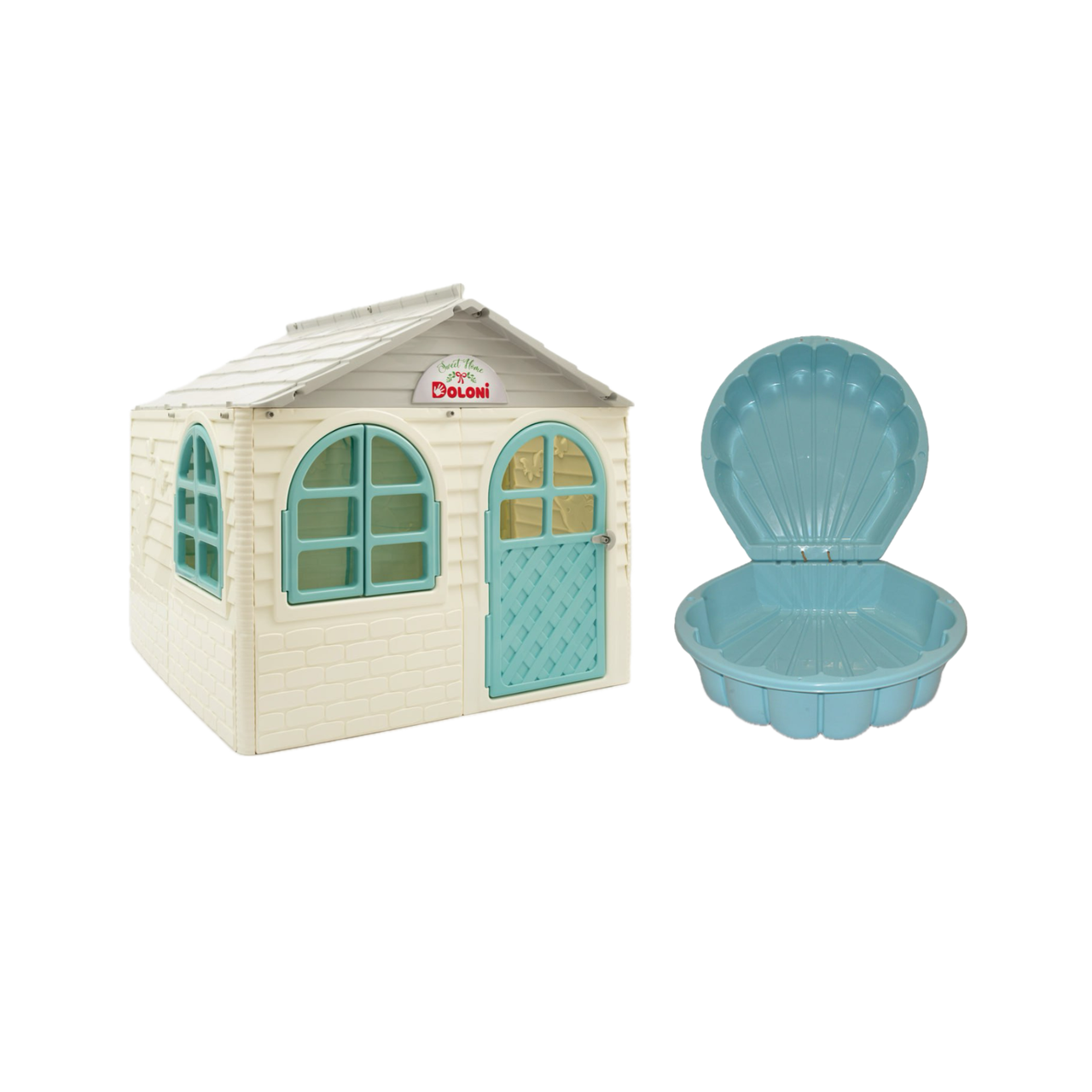 НАБІР Середній дитячий ігровий пластиковий будиночок зі шторками та пісочниця-мушля ТМ Doloni, фото 1