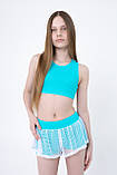 Костюм для Pole Dance дитячі спортивні топ та шорти для дівчинки з блакитного біфлексу з сіткою Жасмин 26-44, фото 2