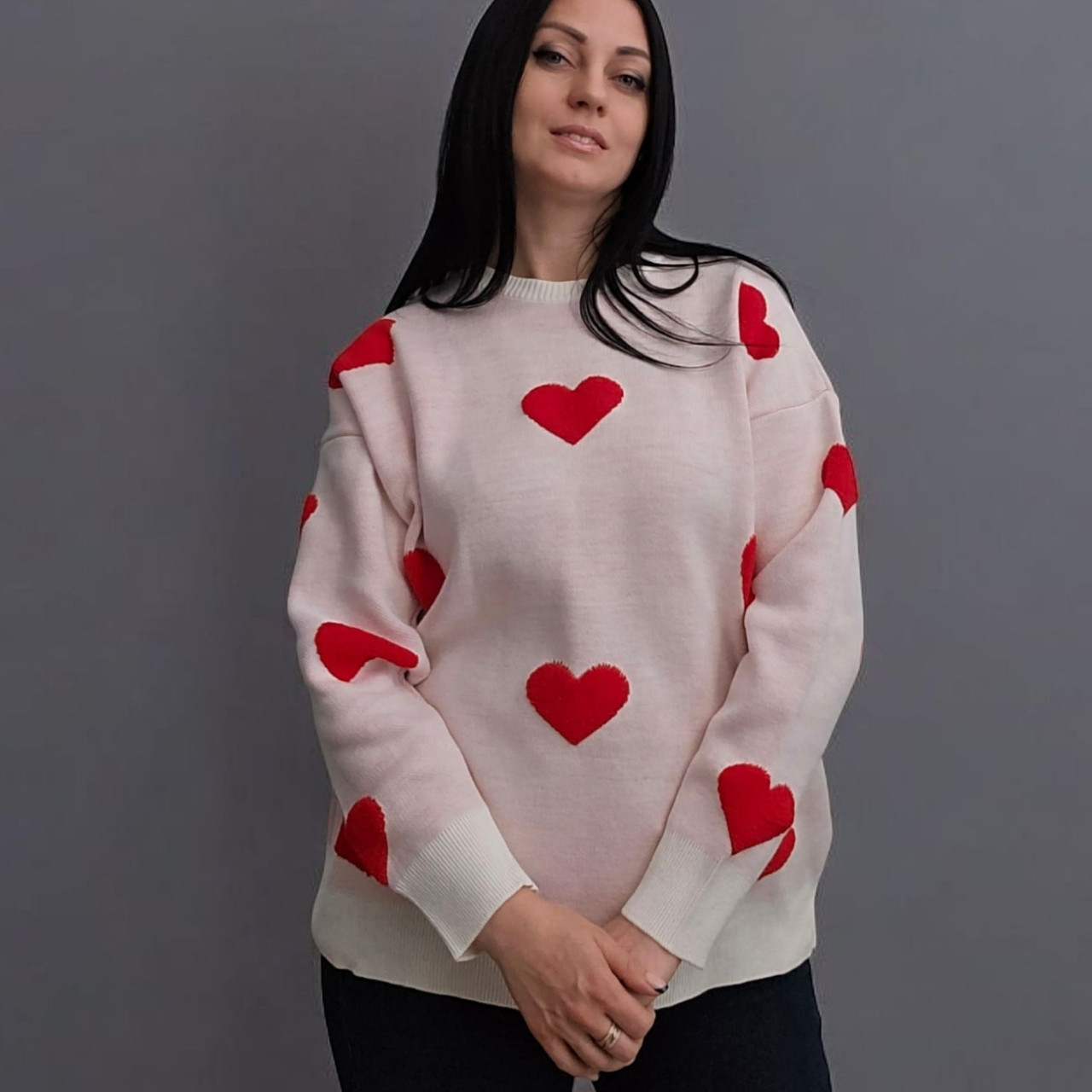 Светр подовжений, туніка "Сердечки" жіноча біла. One Size, фото 1