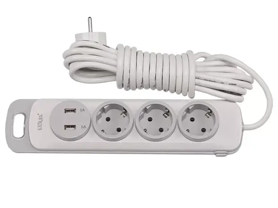 Мережевий подовжувач Luxel Nota 3 розетки 5М із заземленням та вимикачем +2 USB гнізда(4335), фото 1