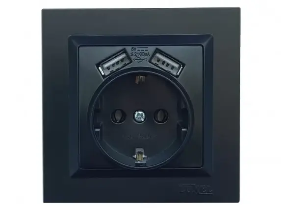Розетка із заземленням та двома usb портами 2.1A Luxel JAZZ (9130) Чорна, фото 1