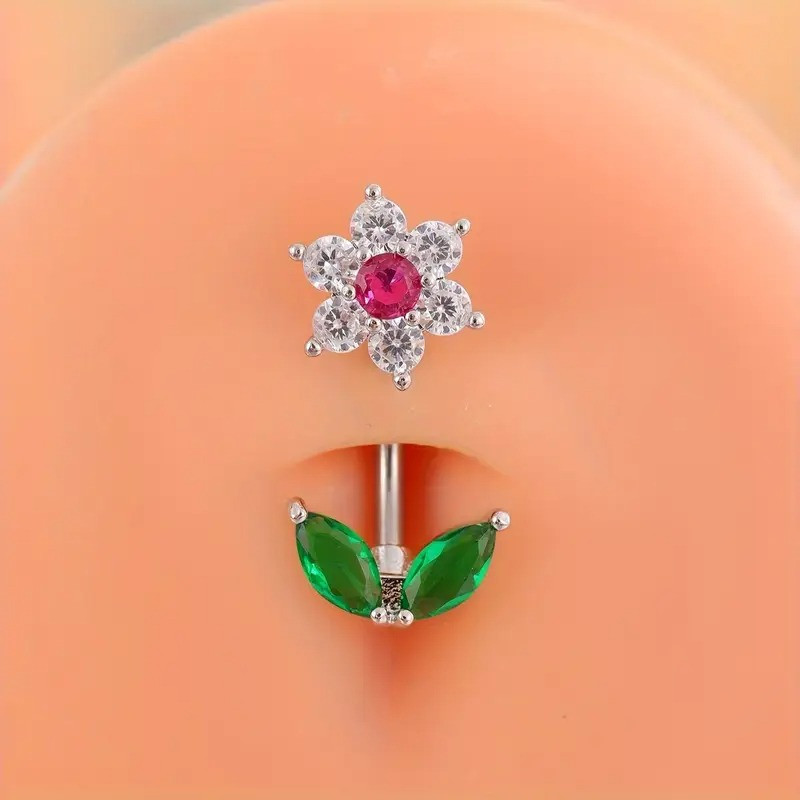 Срібляста сережка для пірсингу пупка квітка з листям і цирконієм банан, фото 1