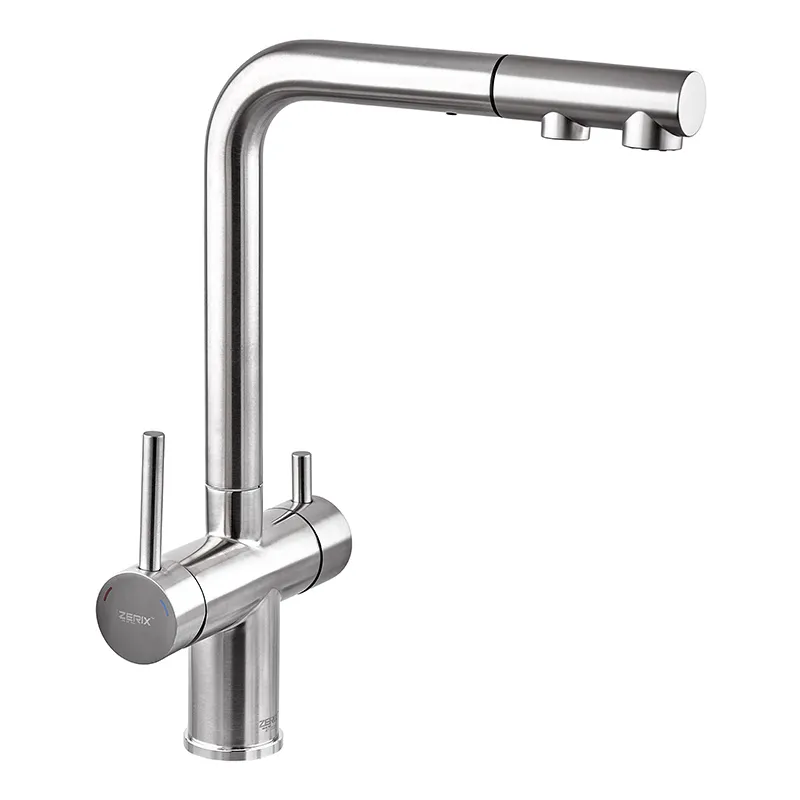 Змішувач кухонний Zerix LUX-024 на дві води з висувним душем (нержавіюча сталь) (ZX5555)