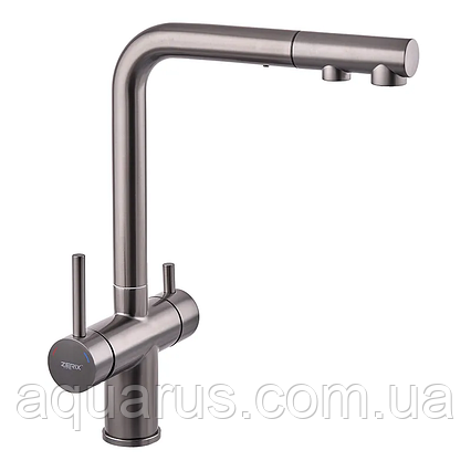 Кухонний змішувач на дві води Zerix LUX-024 Graphite з висувною лійкою (нерж. сталь) (ZX5557), фото 1