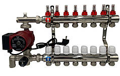 Колектор для теплої підлоги Polmark 7 контурів (Латунь) з трьох ходовим клапаном у зборі з насосом Польща