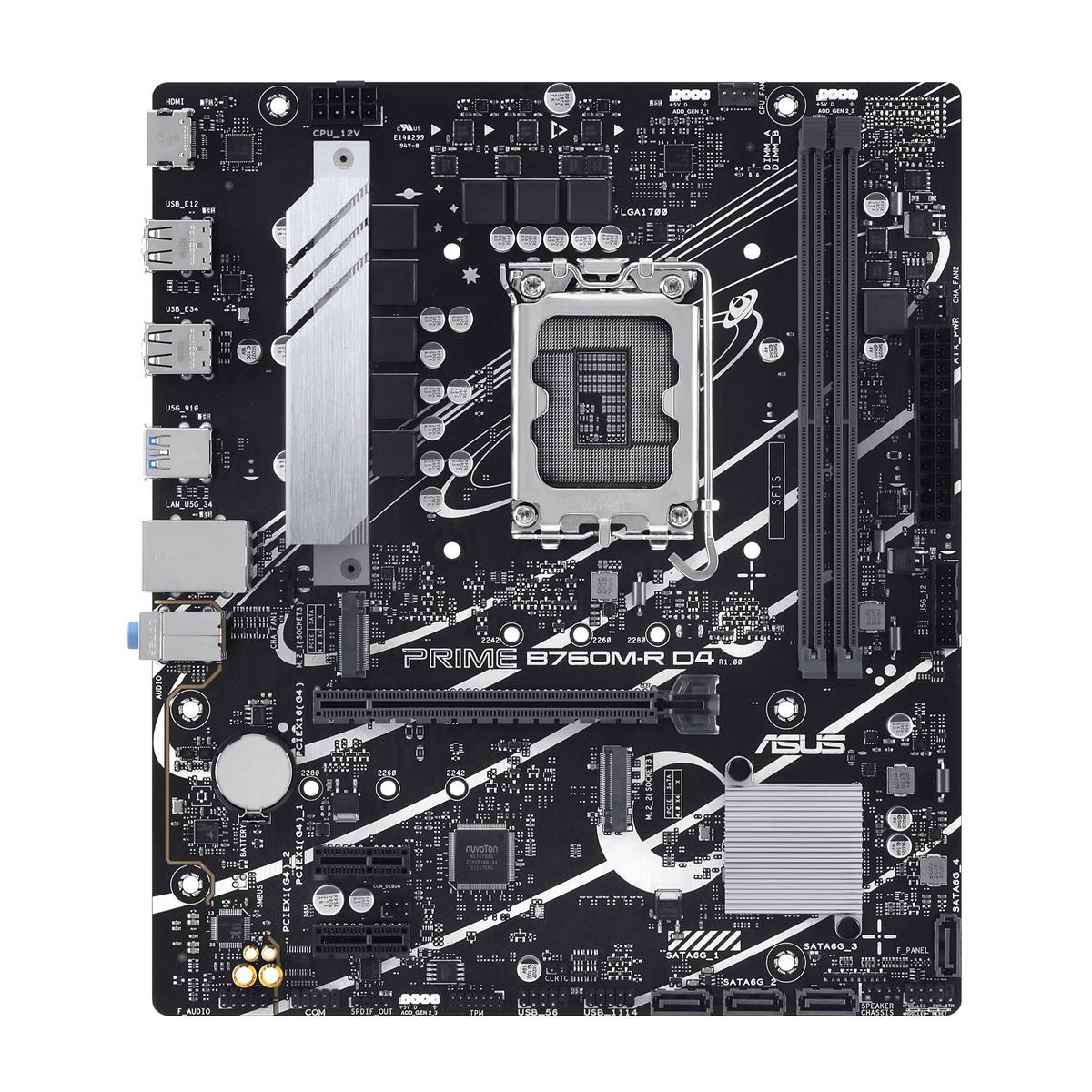 Материнська плата Asus Prime B760M-R D4 Socket 1700 — MicroATX, Intel B760, DDR4, 64 ГБ, 2.5Gb LAN, RAID, фото 1