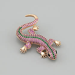 Брошка шпилька Ящірка 53466 розмір 53х39 мм різнокольоровні фіаніти вага 11.6 г позолота 18К