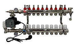 Колектор для теплої підлоги Polmark 9 контурів (Латунь) з циркуляційним частотним насосом Польща