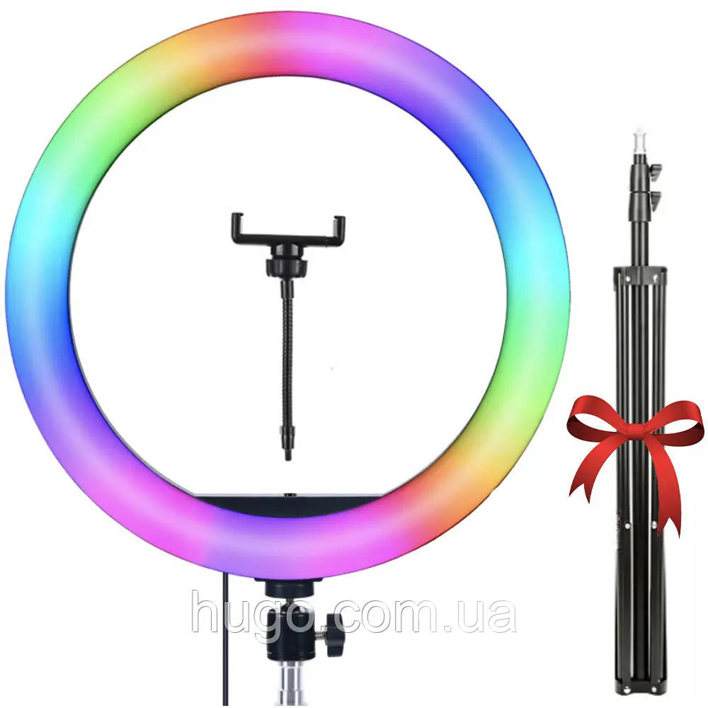 Кільцева RGB лампа 36 см, MJ36, з кріпленням для телефону + Подарунок Штатив розкладний 0,66-2 м / Селфі лампа, фото 1