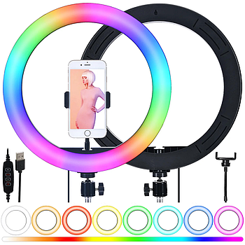 Кільцева USB лампа 36 см для селфі RGB MJ36, з тримачом для телефону / Світлодіодна лампа для візажиста
