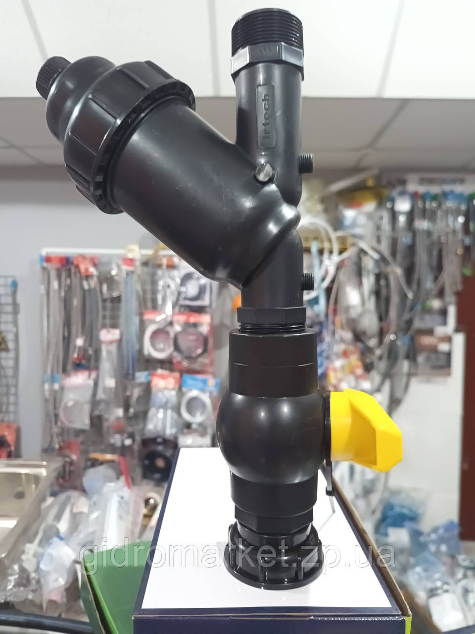 Перехідник із краном і фільтром для єврокуба D-60 мм, на різь 1-1/2" зовнішній перехідник на кран єврокуба, фото 1