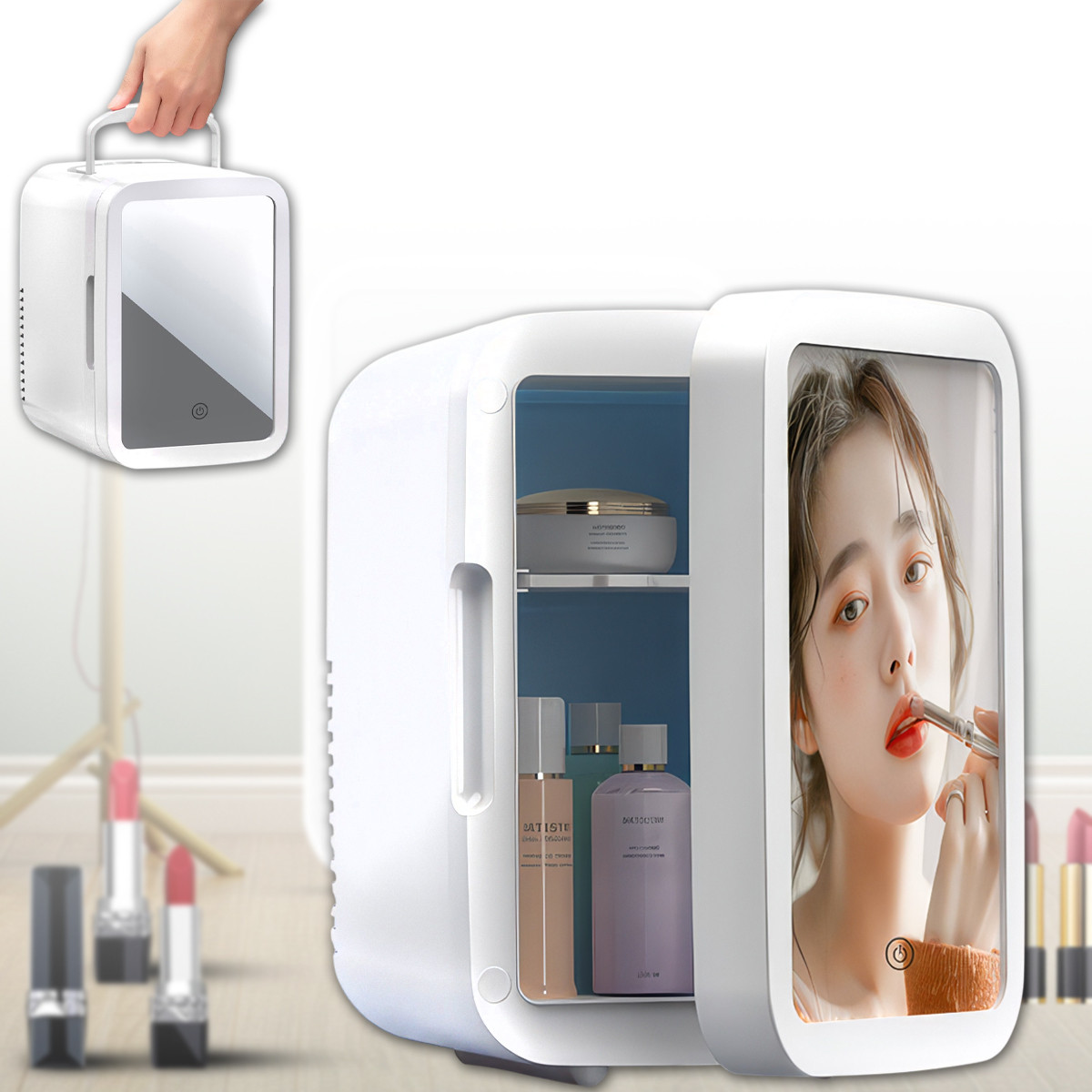 Портативний косметичний холодильник на 4 л з дзеркалом з підсвічуванням Білий 12V-220V, фото 1