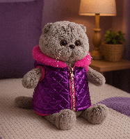 М’яка іграшка Котик Басик 33 см у жилеті – сірий, плюшевий кіт з выпуклими очима, фото 6