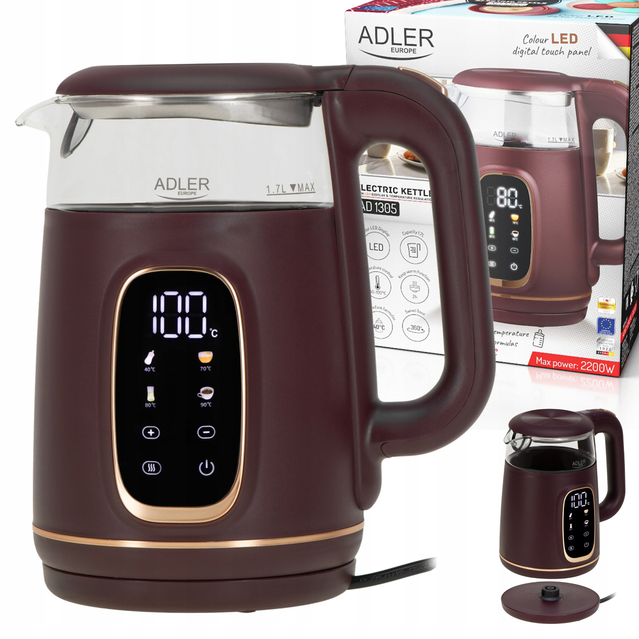 Електрочайник Adler AD 1305 burgundy —1,7 л, 2200 Вт, нержавіюча сталь, фото 1