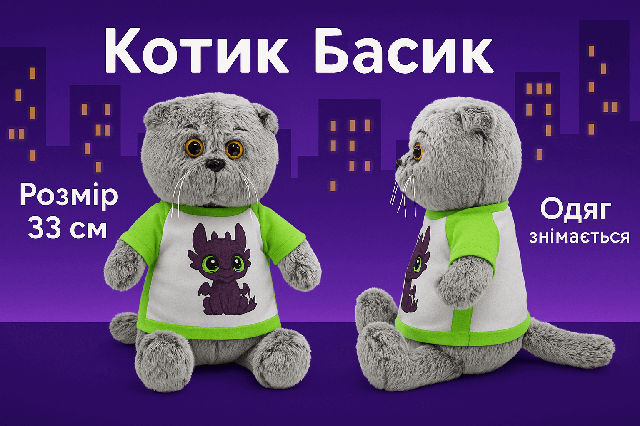  Котик Басик у футболці з Драконом Беззубиком - м'яка іграшка 33 см