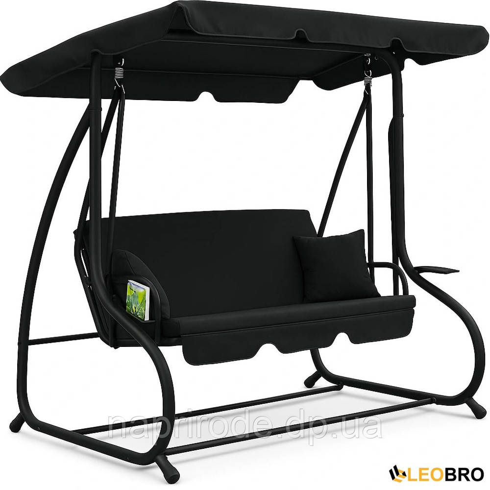 Велика садова гойдалка з подушками LEOBRO Luxury Black HT-186B Black тримісна для відпочинку на дачі