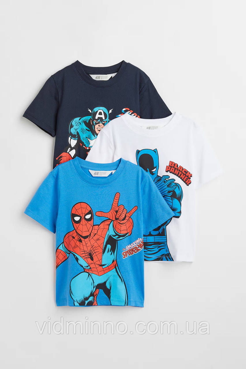 Футболки H&M (набір) на хлопчика, р.122-128, 6-8 років, Marvel, Людина Павук+Чорна Пантера+Капітан Америка