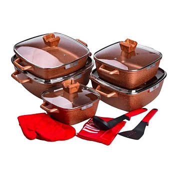 Набір з 5 алюмінієвих квадратних каструль з товстим дном MGC + лопатка, ополоник, рукавички та фартух HP-4-468