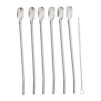 Набір багаторазових ложок-трубочок 6 шт для напоїв 22 см зі щіткою для миття з нержавіючої сталі Сірий HP-20-19