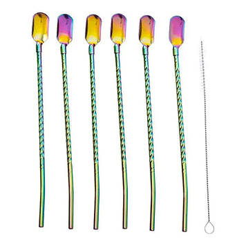 Набір багаторазових ложок-трубочок 6 шт для напоїв 22 см зі щіткою для миття з нержавіючої сталі Хамелеон HP-20-21