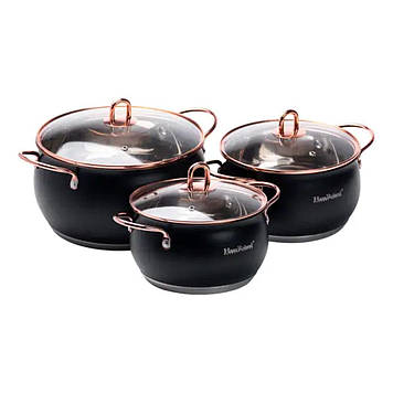 Набір каструль із нержавіючої сталі 2,6 л - 3,6 л - 6,1 л зі скляними кришками HP33525B