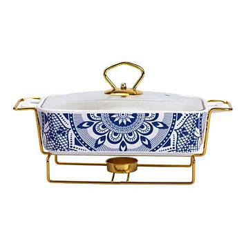 Марміт порцелянаовий із скляною кришкою 38х18.5х15.5 см на металевій підставці 1 л SA1107-S