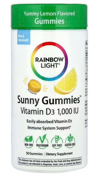 Вітамін D3, смачний лимон, 25 мкг (1000 МО),Rainbow Light, Sunny Gummies™,50 жувальних таблеток