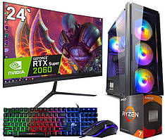 Ігровий комп'ютер + Монітор 24" RYZEN 7 8 ядер + RTX 2060 SUPER 8GB +16GB DDR4+SSD M.2 (ZEVS PC12720R)