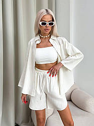 Костюм жіночий ЛІТНІЙ ЛЬОН ШОРТИ І СОРОЧКА МОЛОЧНИЙ 590