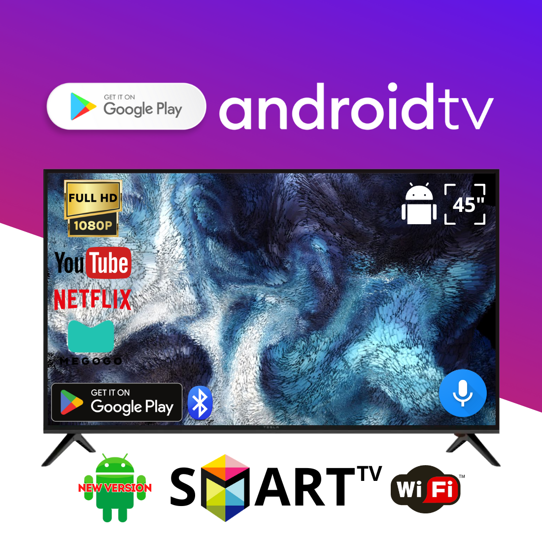 Телевізор Tesla 45" Smart DVB/T2/FullHD/USB Android 13.0 блютуз + голосове керування
