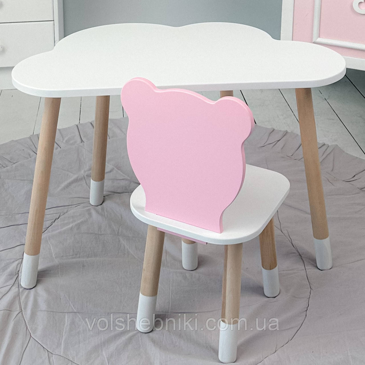 Дитячи білий стіл хмарка і стільчик ведмедик дитячий рожевий. Дитячий столик білосніжний., фото 1