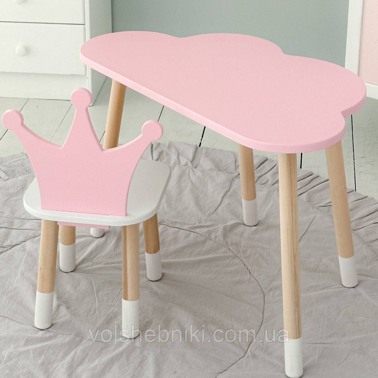 Стіл хмарка і стільчик рожевий  корона з білим сидінням. Столик для занять, ігор, їжі