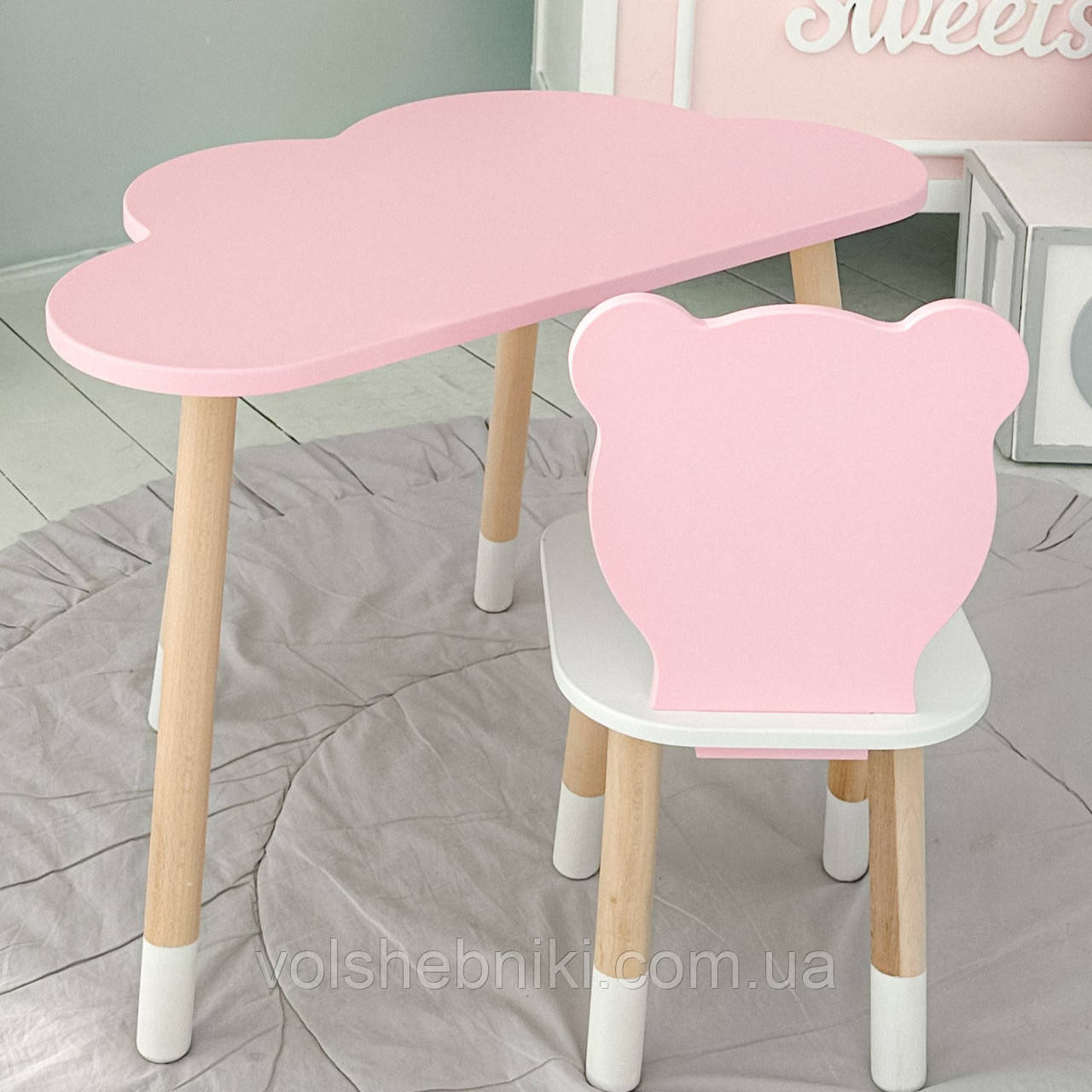 Стіл тучка і стільчик дитячий рожевий медвежа з білим сидінням. Столик для занять, ігор, їжі