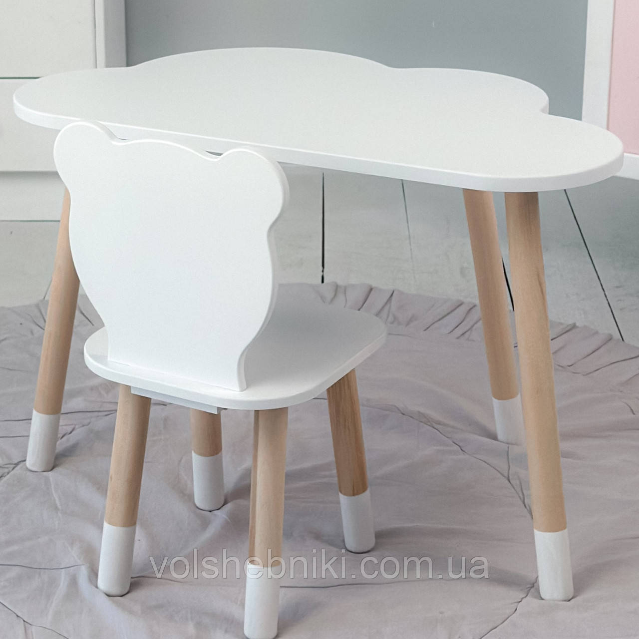 Стіл хмарка і стільчик дитячий білий мішка. Столик для занять, ігор, їжі