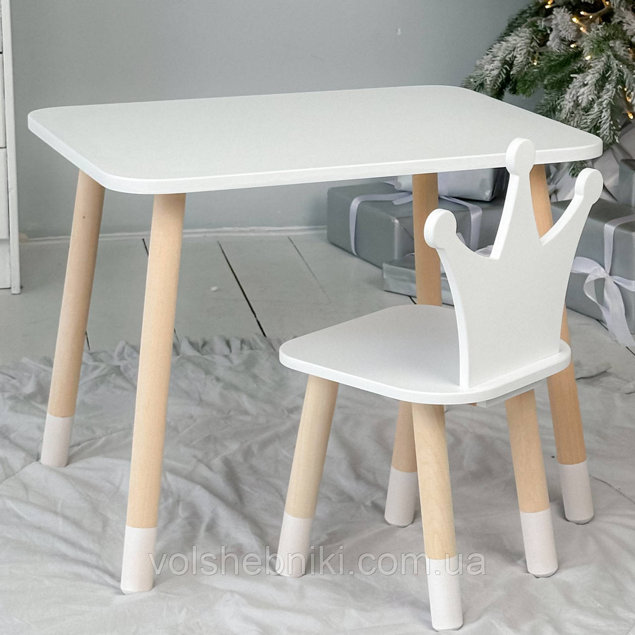 Прямокутний стіл і стільчик дитячий біла корона. Столик для уроків, ігор, їжі