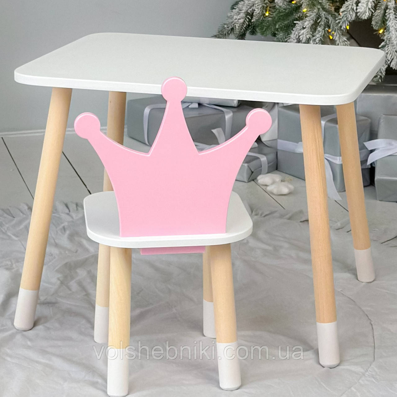 Прямокутний стіл і стільчик дитячий рожева корона. Столик для уроків, ігор, їжі