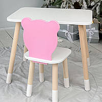 Прямокутний стіл і стільчик рожевий  дитячий ведмежа з білим сидінням. Столик білий дитячий