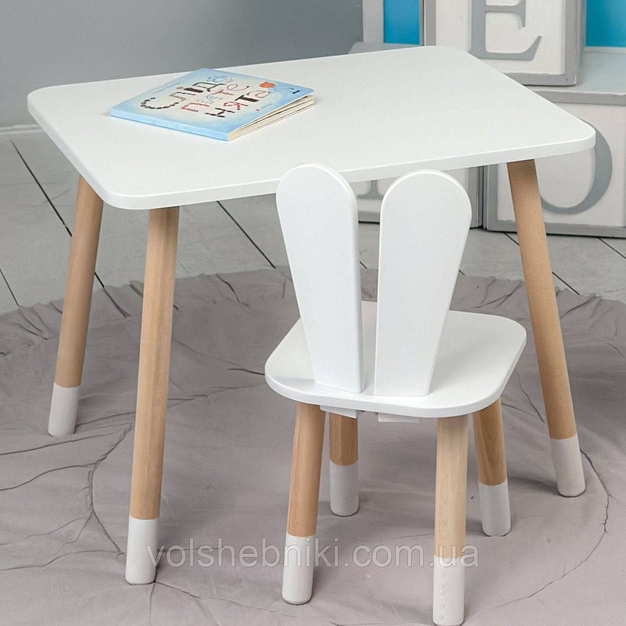 Прямокутний стіл та стіл дитячий білосніжний зайчик. Білий дитячий столик, фото 1