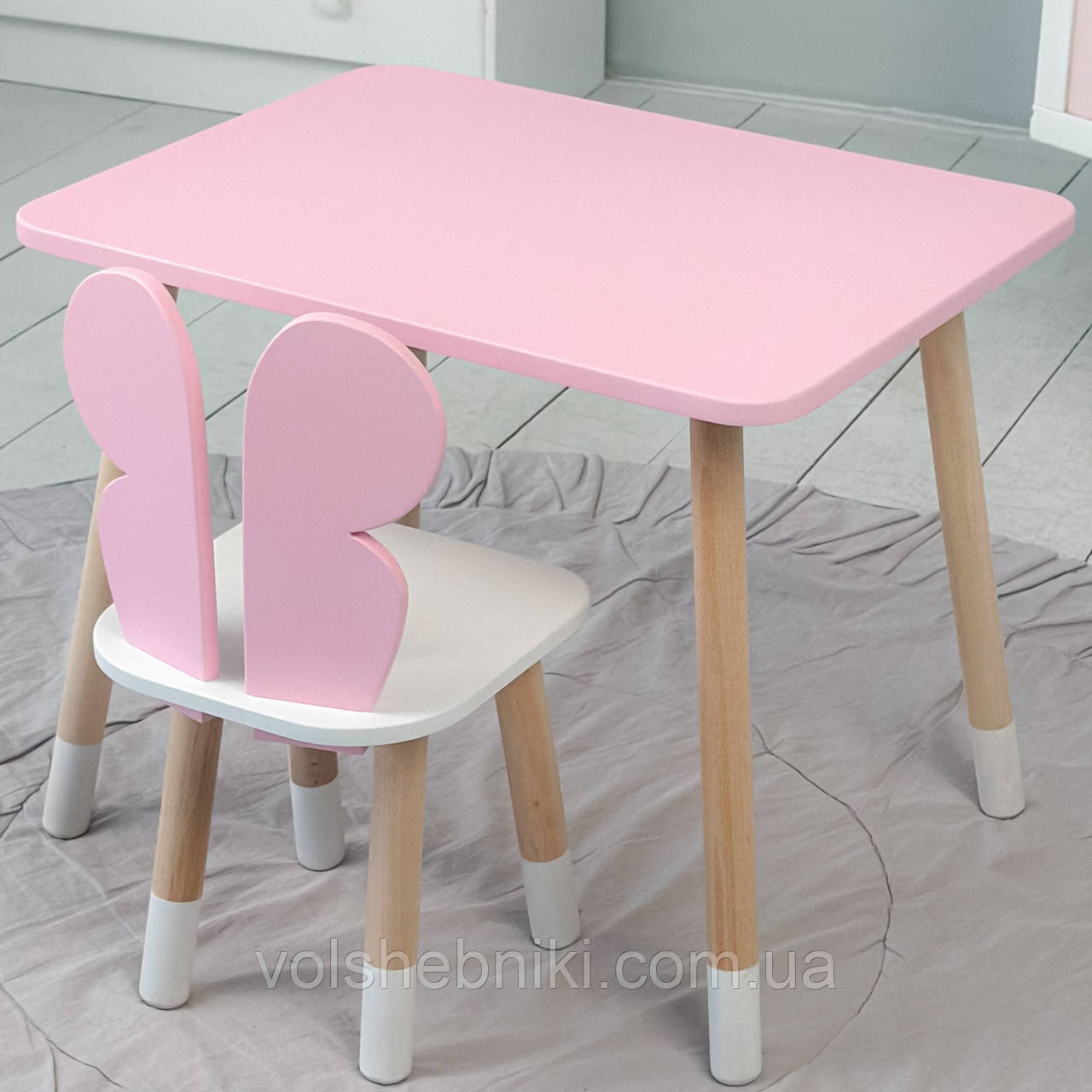 Дитячий прямокутний стіл і стільчик метелик з білим сидінням. Столик рожевий дитячий, фото 1
