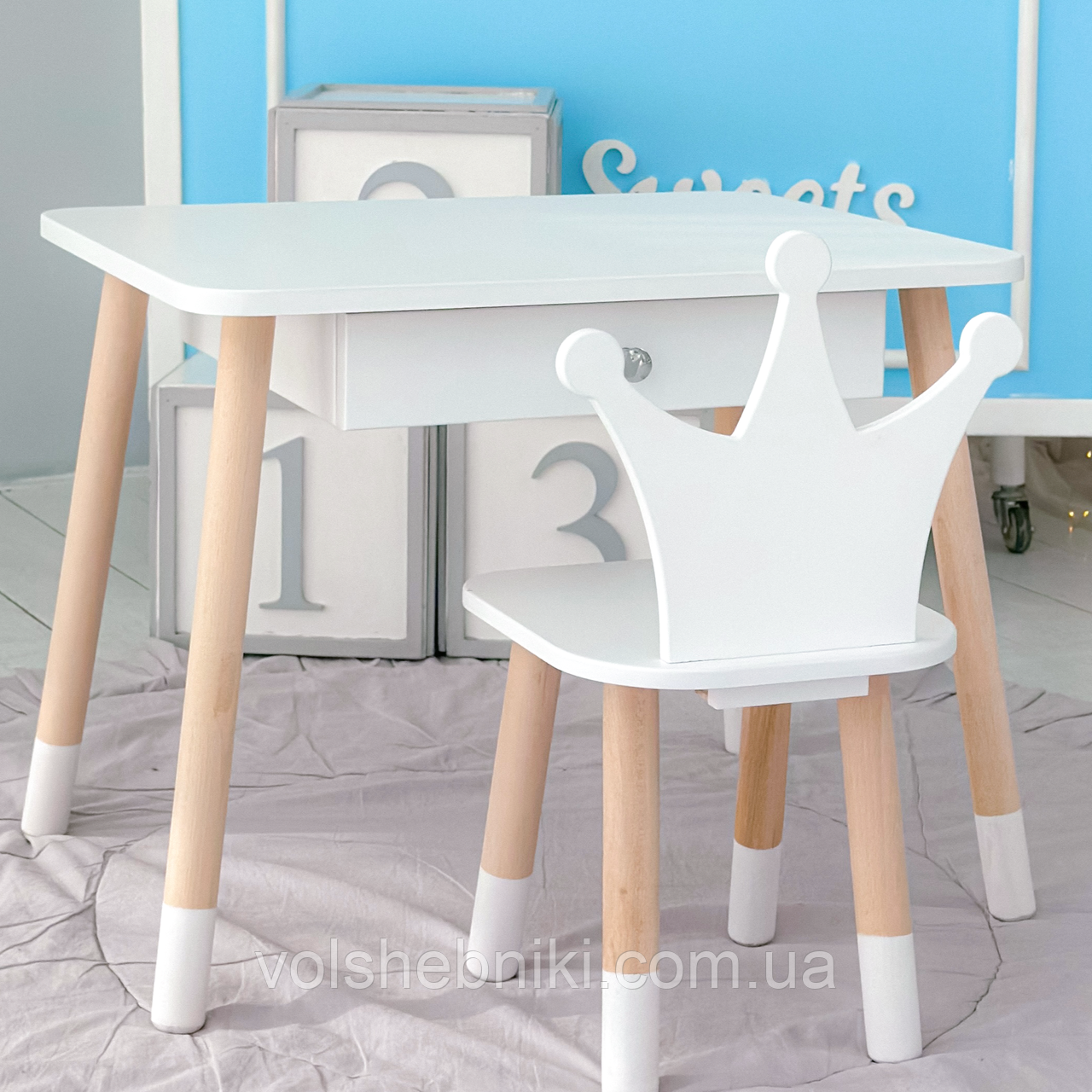 Дитячий столик і стільчик корона білий. Столик із шухлядою для олівців і розмальовок 66928