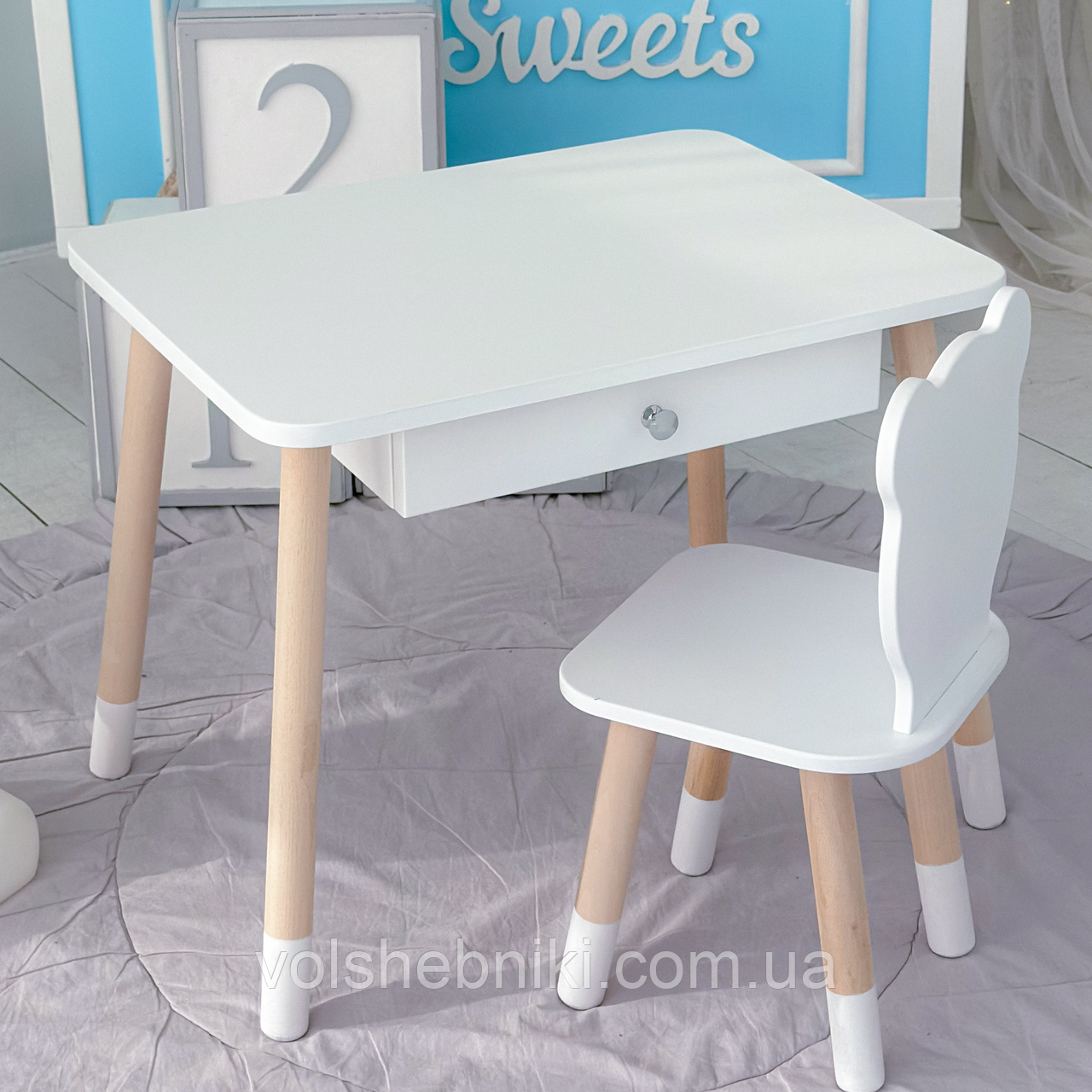 Дитячий столик і стільчик ведмедик білий. Столик із шухлядою для олівців і розмальовок 36095